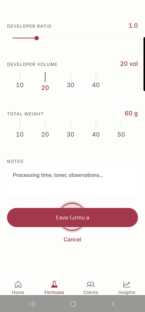 Archive capture screen — sliders for ratio, developer volume, total weight