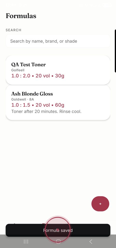 Archive formulas gallery — saved mixes with ratio, volume, grams
