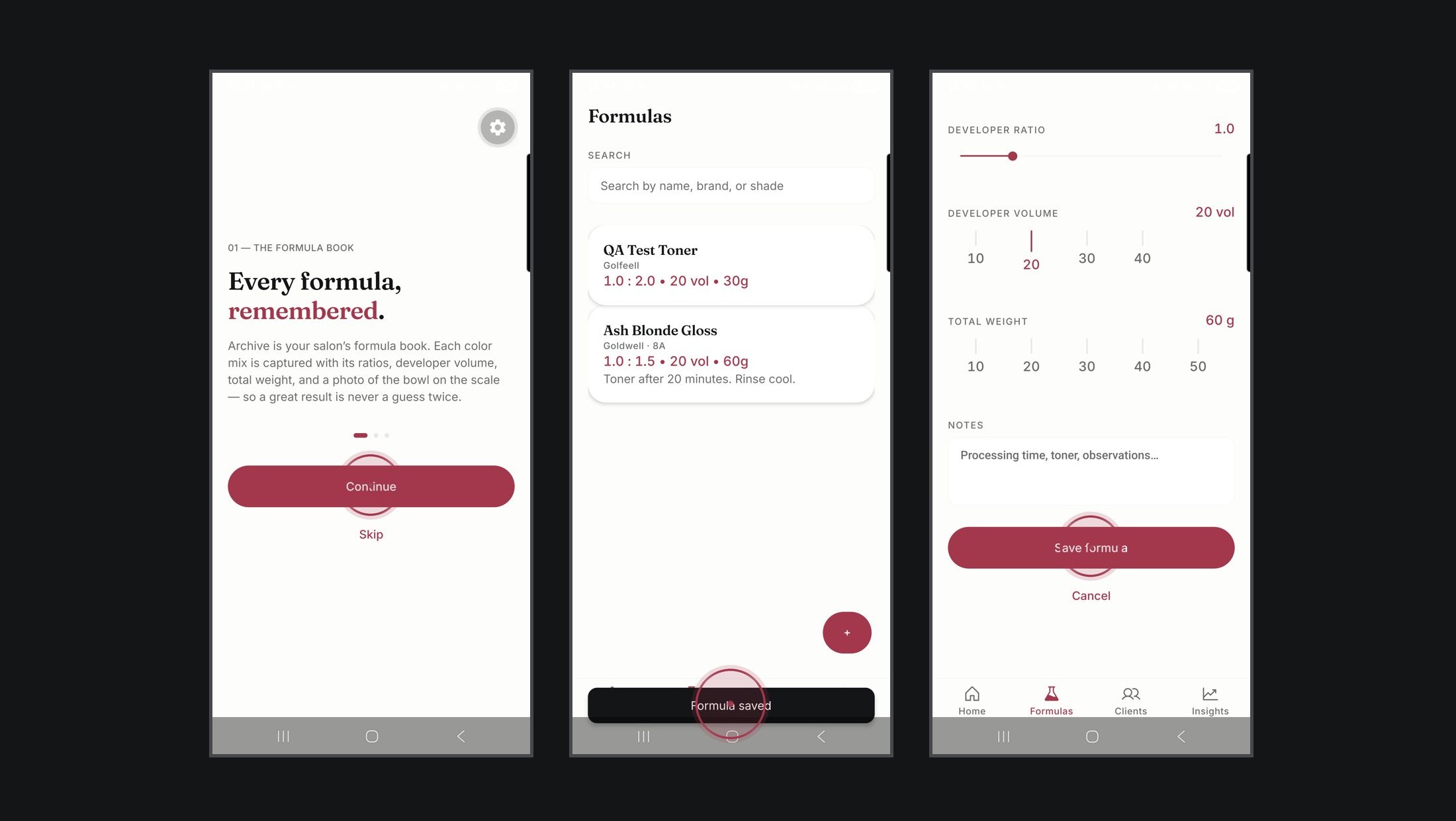 Archive app: onboarding, formula gallery, and capture screens