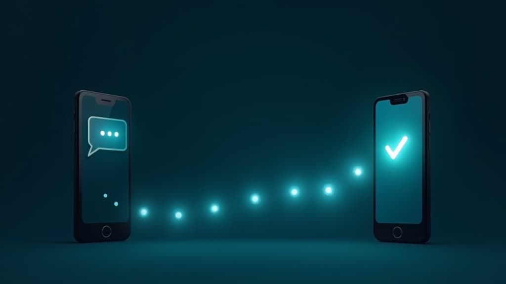 Illustration: a text message on one phone flows through a glowing pipeline into an update checkmark on another phone