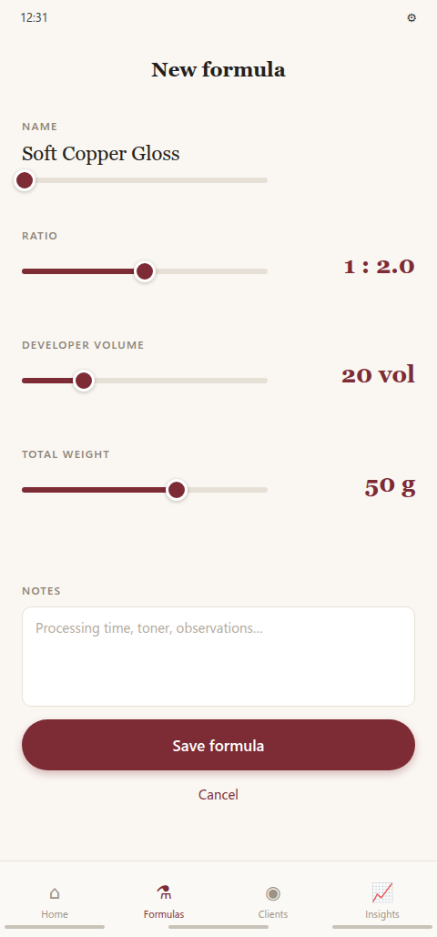 Capture screen — sliders for ratio, developer volume, total weight