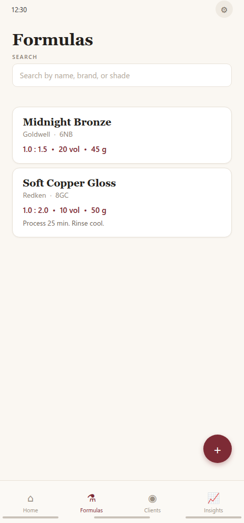 Formula gallery — saved mixes with ratio, volume, grams