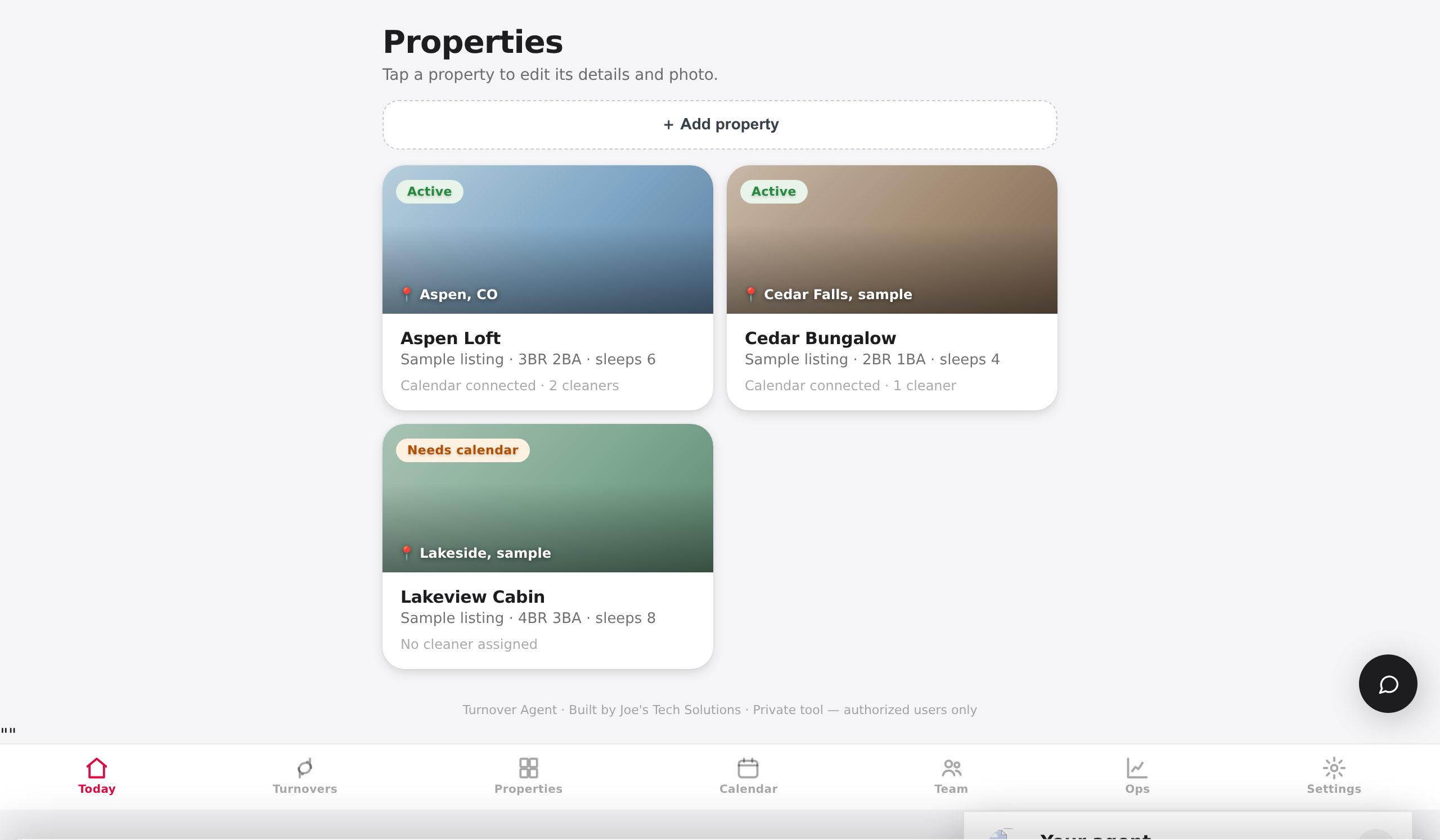 Properties screen with connected calendars